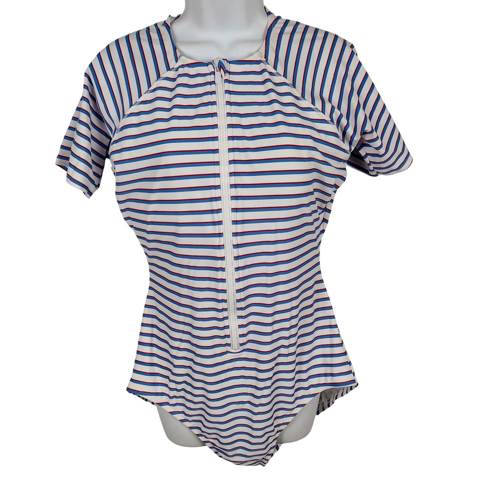 Kona Sol Womens XL‎ Striped Zip Front Short Sleeve One Piece Swimsuit Multicolor